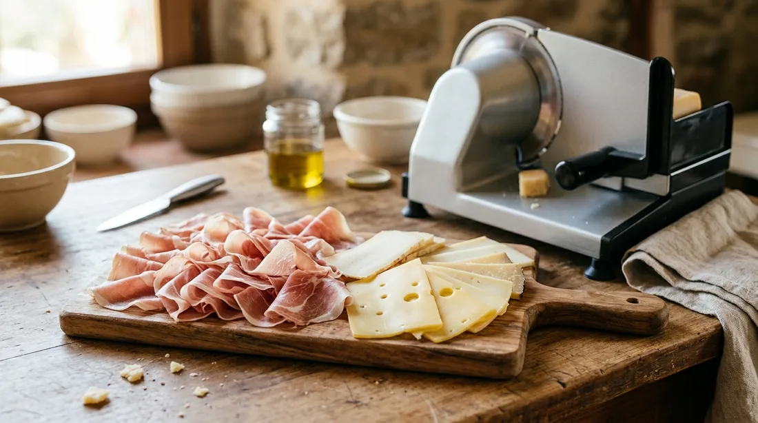 Hauchdünne Scheiben Schinken und Käse auf einem Holzbrett neben einem Allesschneider